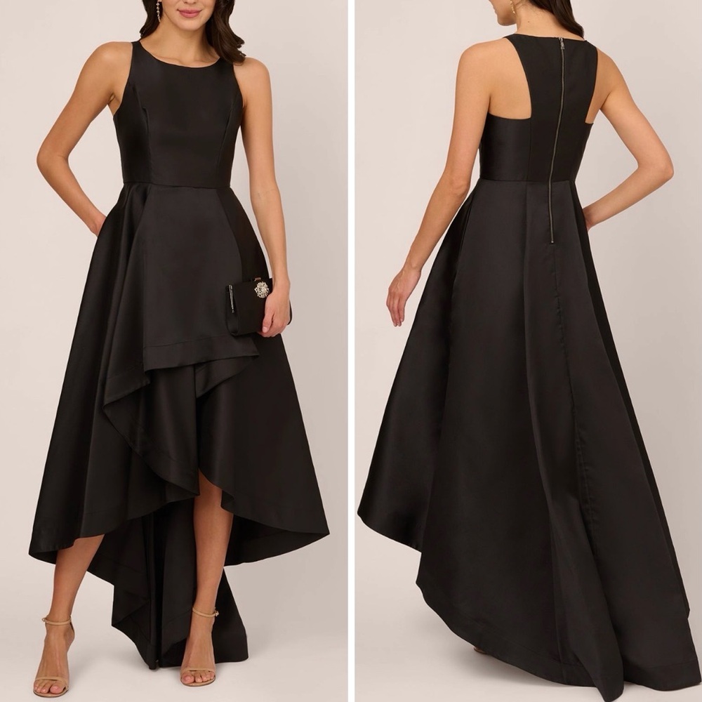 ADRIANNA PAPELL High Low Mikado Gown With Asymmetrical Detail In Black size 2